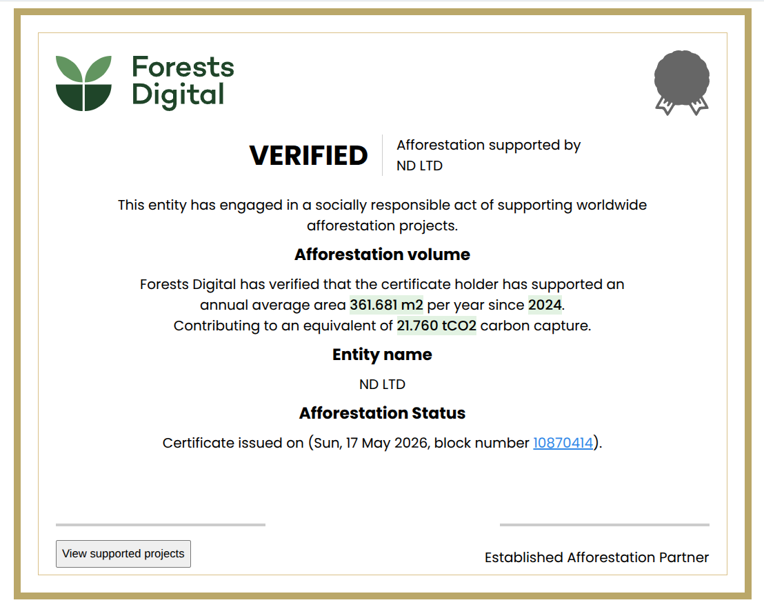 Dynamic Impact Certificate front — verified afforestation volume, carbon capture equivalent, and blockchain issuance date