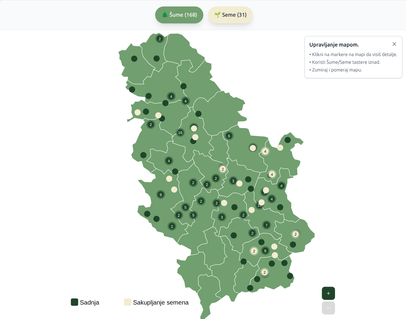 Interactive Asset Map showing all asset locations across Serbia — 168 planting sites and 31 seed collection sites