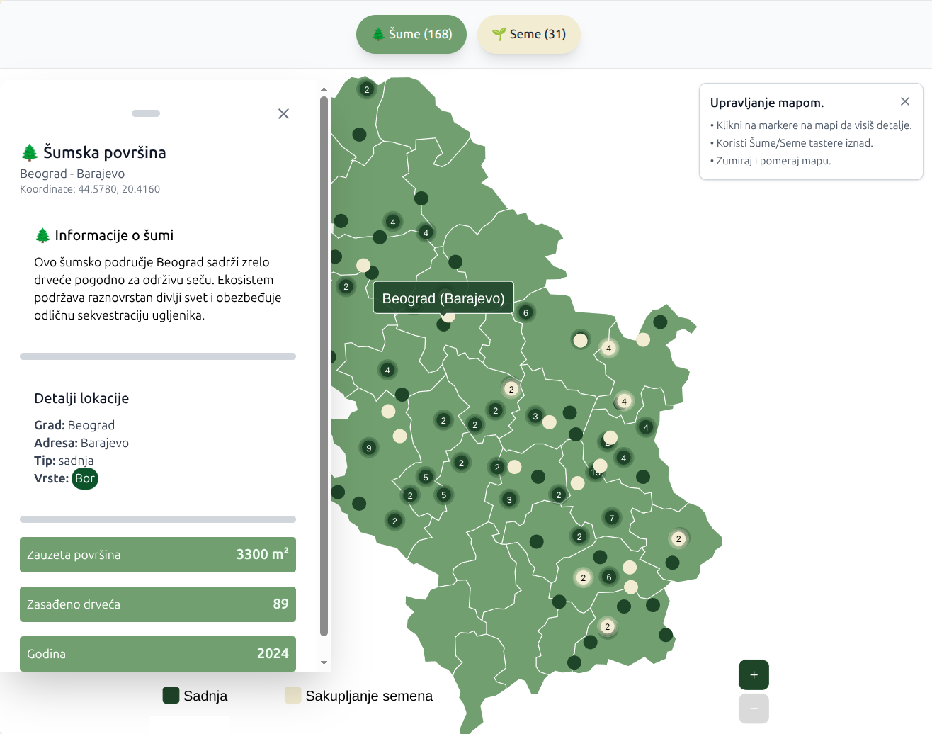 Interactive Asset Map — Beograd (Baranje) location detail panel showing forest area, tree count, and planting year